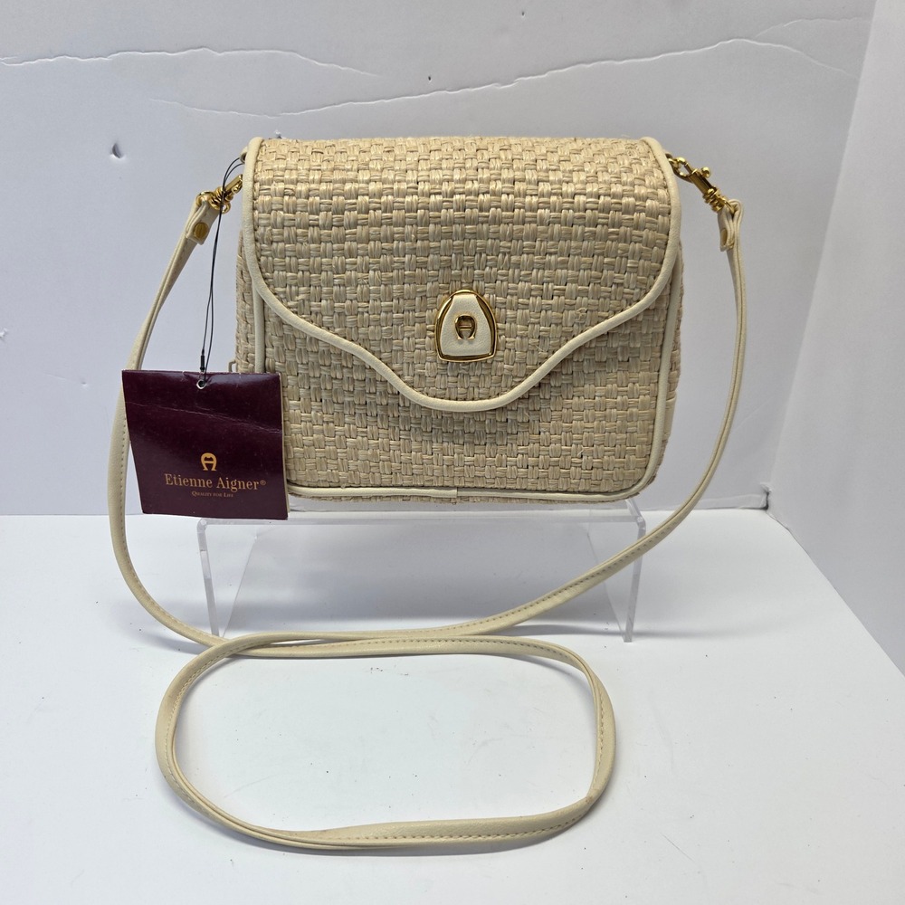 VTG Etienne Aigner Ivory Straw Crossbody Purse NWT Woven Raffia Resort Coastal